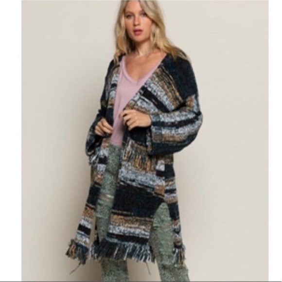 POL  Cozy Striped MIDI Cardigan Fringe Hem With Pockets. Size Large - Picture 1 of 8